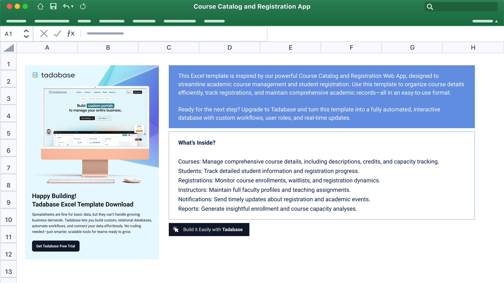 Course Catalog and Registration Spreadsheet Template