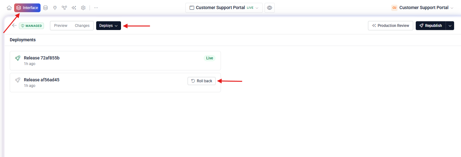 Deploys tab with release list and rollback buttons