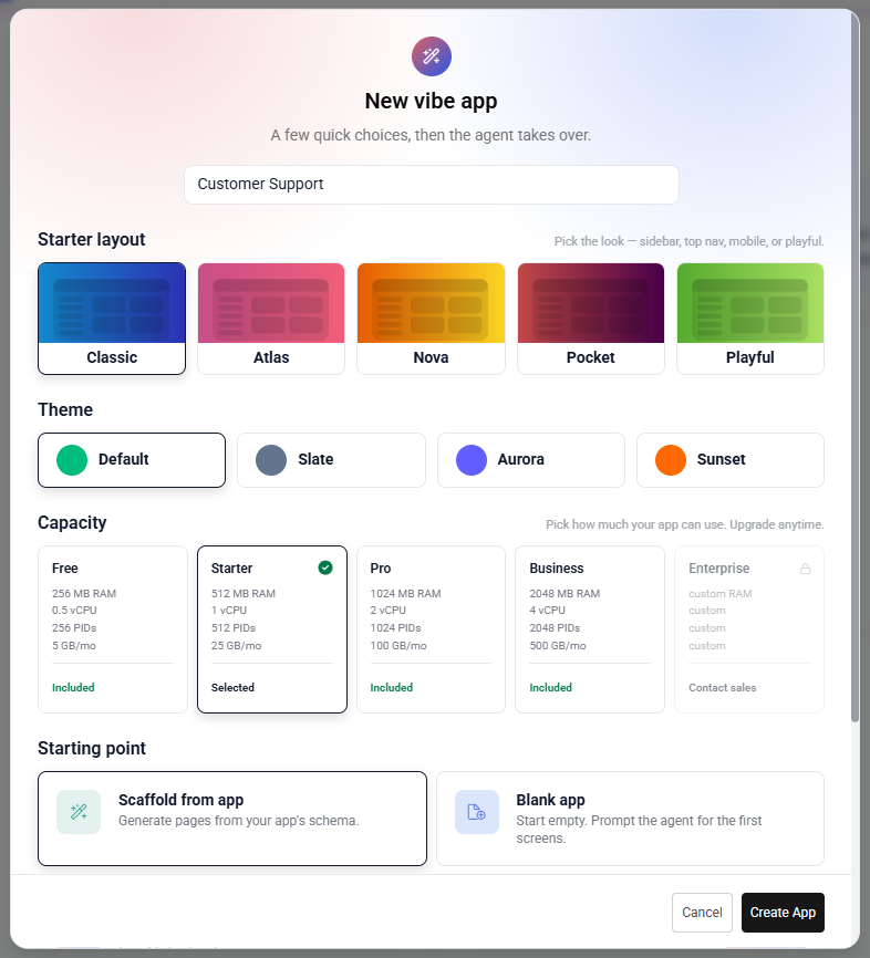 New Vibe project dialog with app picker and template selector